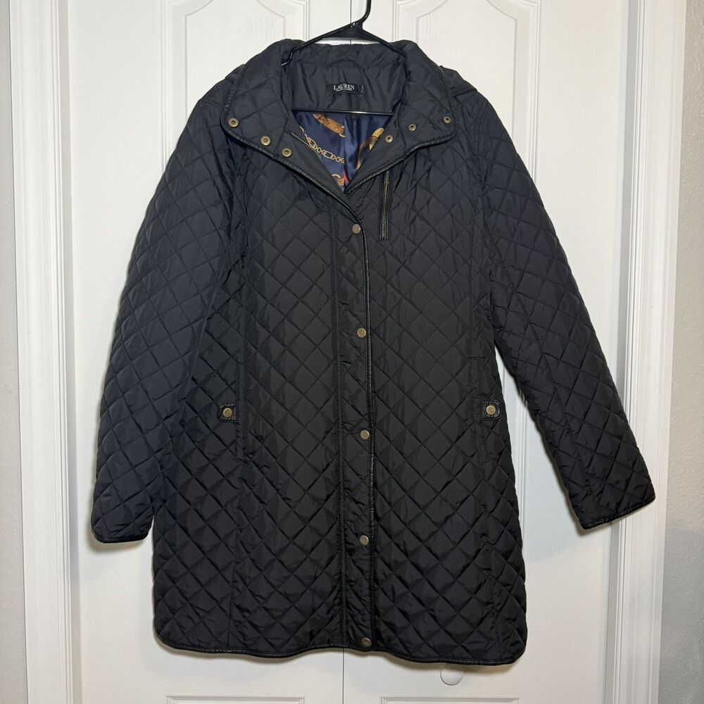 Lauren Ralph Lauren Black Quilted Hooded Barn Jacket Coat Plus 1X Equestrian